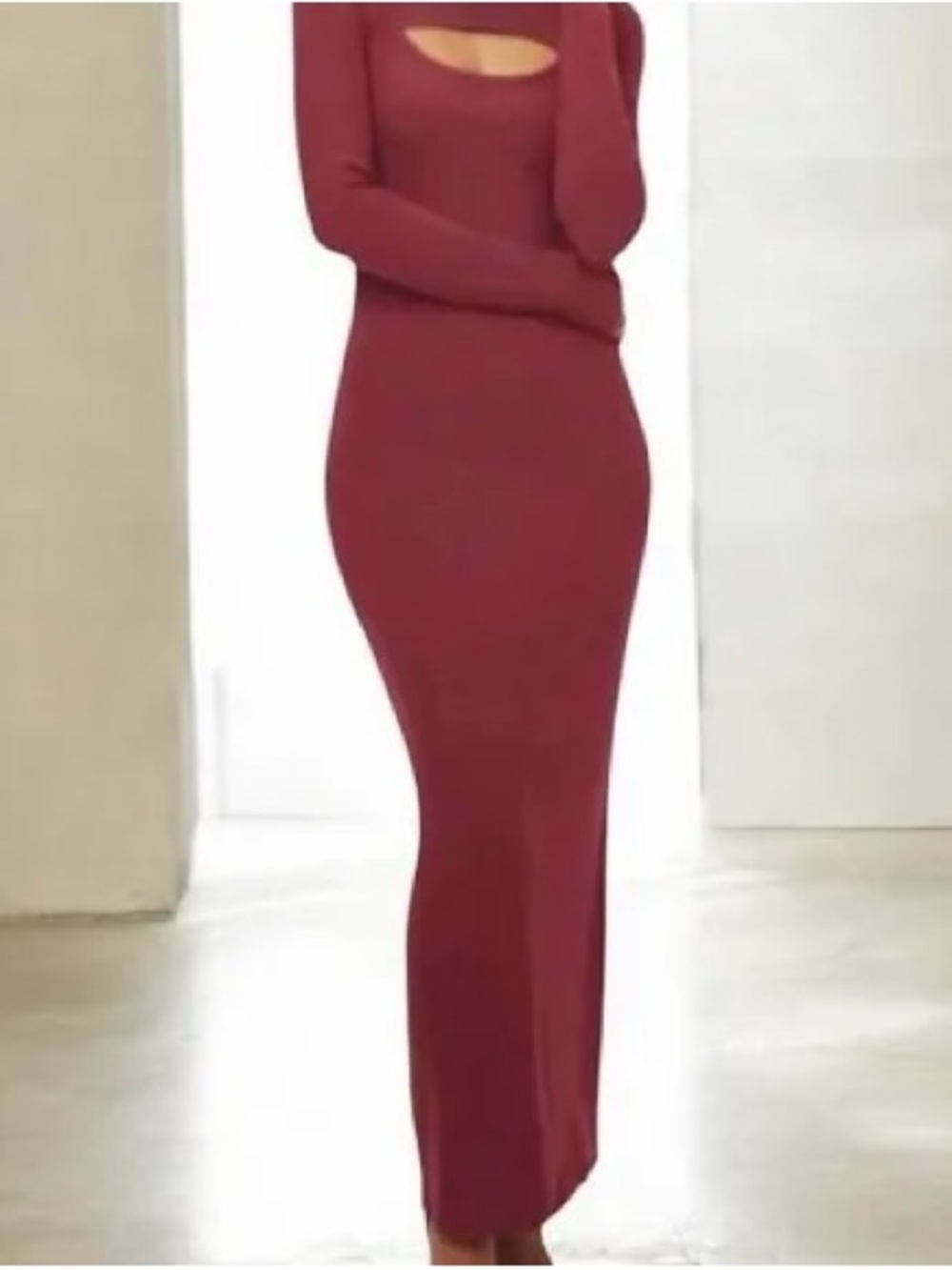 Long-Sleeve Cutout Maxi Dress in Burgundy
